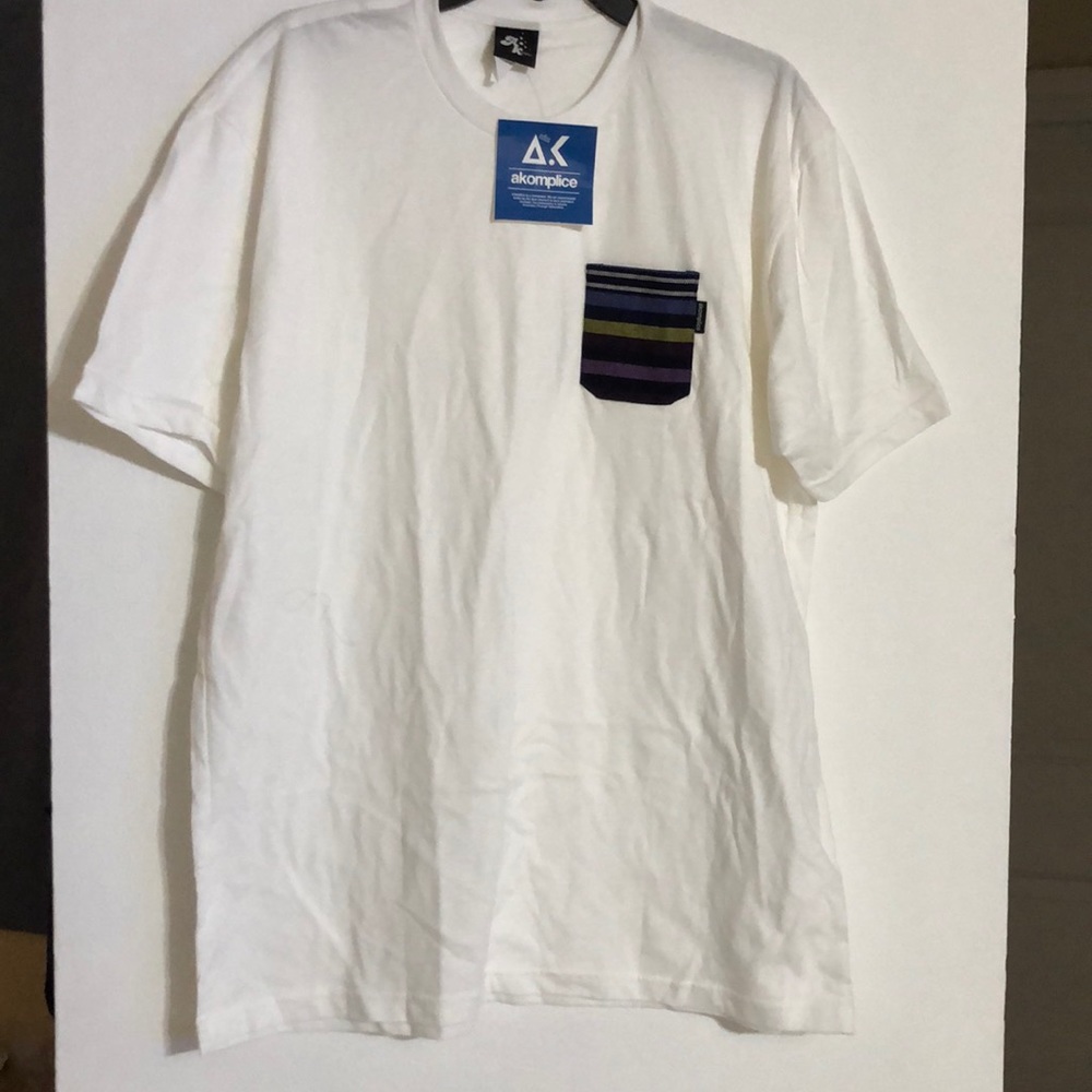 White T-Shirt with black,white,blue,green & purple Pocket. Brand New with tag.